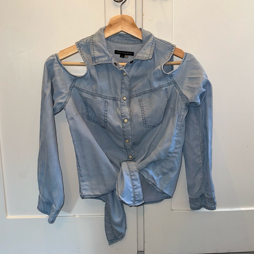 Blue Button Down Shirt with Cut Out and Tie Front